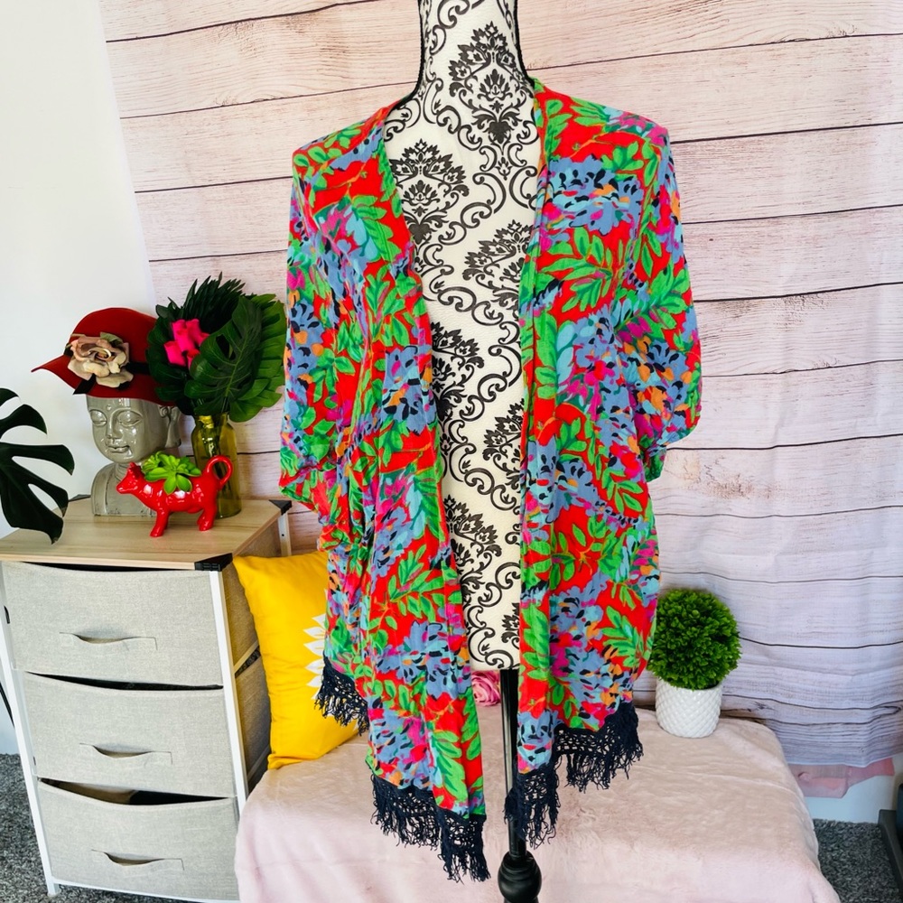 Aerie Women’s Colorful Open Front Floral Fringe Kimono Cardigan Size Small